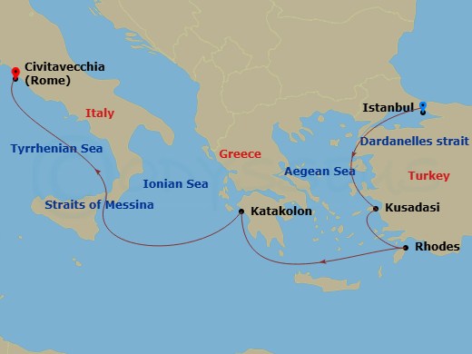 Route map: ISTANBUL, TURKIYE → Dardanelles Strait, Turkey    (Transit) → KUSADASI (TOURS TO EPHESUS),  TURKIYE → Rhodes, Greece → Katakolon (tours to Olympia), Greece → Messina Strait, Italy         (Transit) → Civitavecchia (tours to Rome),Italy