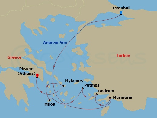 Route map: Istanbul → Marmaris → Bodrum → Patmos → Milos → Mykonos → Piraeus (Athens)