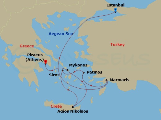 Route map: Istanbul → Marmaris → Patmos → Syros (Syra) → Agios Nikolaos (Crete) → Mykonos → Piraeus (Athens)