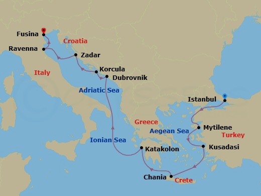 Route map: Istanbul → Mitilini (Lesbos) → Ephesus (Kusadasi) → Chania (Crete) → Katakolon → Dubrovnik → Korcula → Zadar → Ravenna → Venice (Fusina)