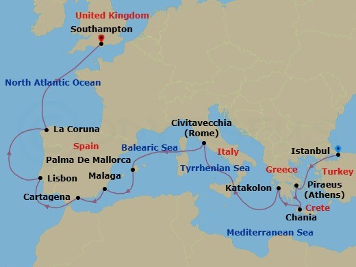 Route map: ISTANBUL, TURKIYE → Dardanelles Strait, Turkey    (Transit) → Piraeus (tours to Athens), Greece → Souda Bay (for Chania) , Crete, Greece → Katakolon (tours to Olympia), Greece → Messina Strait, Italy         (Transit) → Civitavecchia (tours to Rome),Italy → Palma De Mallorca, Spain → Cartagena, Spain → Malaga (tours to Granada), Spain