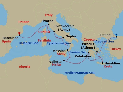 Route map: Istanbul → Athens (Piraeus) → Heraklion (Crete) → Katakolon → Valletta → Messina (Sicily) → Naples/Pompeii → Rome (Civitavecchia) → Florence/Pisa/Tuscany (Livorno) → Barcelona