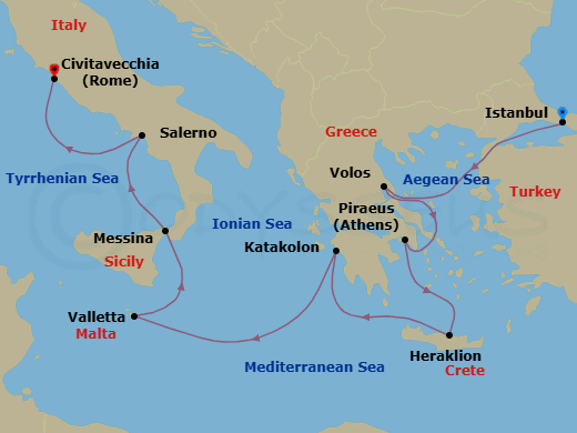 Route map: Istanbul → Volos → Athens (Piraeus) → Heraklion (Crete) → Katakolon → Valletta → Messina (Sicily) → Salerno → Rome (Civitavecchia)