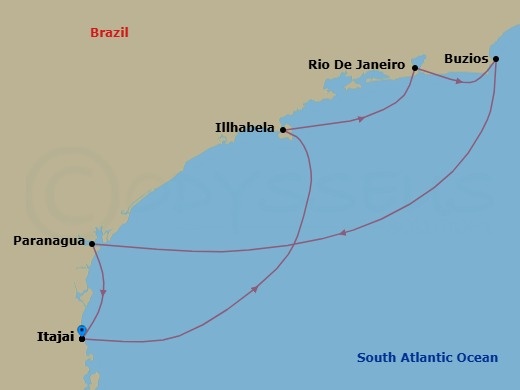 Route map: Itajai → Illhabela → Rio De Janeiro → Buzios → Paranagua → Itajai