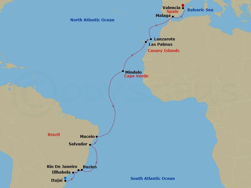 Route map: Itajai → Illhabela → Rio De Janeiro → Buzios → Salvador → Maceio → Mindelo → Las Palmas → Lanzarote → Malaga