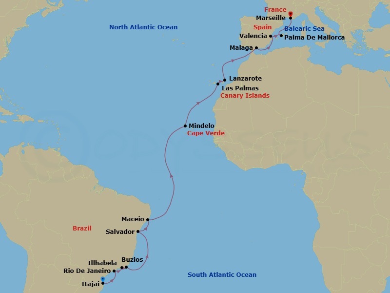 Route map: Itajai → Illhabela → Rio De Janeiro → Buzios → Salvador → Maceio → Mindelo → Las Palmas → Lanzarote → Malaga