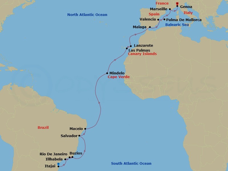 Route map: Itajai → Illhabela → Rio De Janeiro → Buzios → Salvador → Maceio → Mindelo → Las Palmas → Lanzarote → Malaga