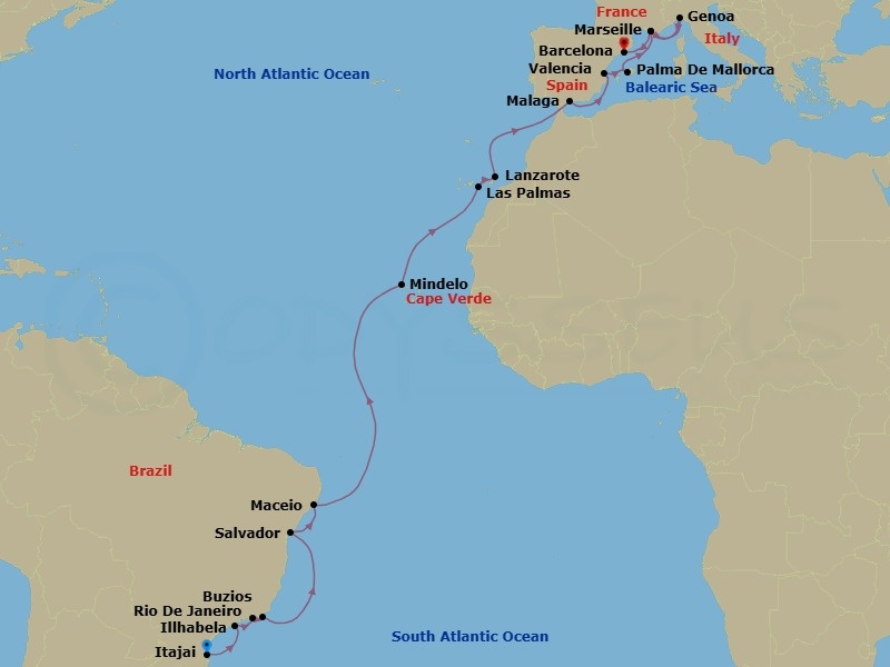 Route map: Itajai → Illhabela → Rio De Janeiro → Buzios → Salvador → Maceio → Mindelo → Las Palmas → Lanzarote → Malaga