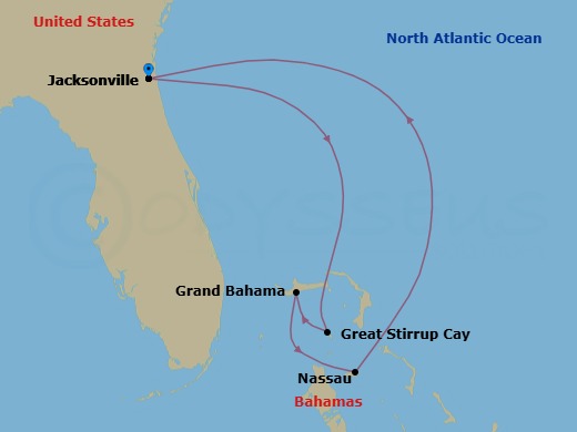 Route map: Jacksonville → Great Stirrup Cay → Grand Bahama → Nassau → Jacksonville