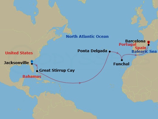 Route map: Jacksonville → Great Stirrup Cay → Ponta Delgada → Funchal → Barcelona