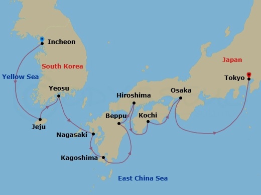 Route map: Seoul (Incheon) → Jeju → Yeosu → Nagasaki → Kagoshima → Beppu → Hiroshima → Kochi → Osaka → Tokyo