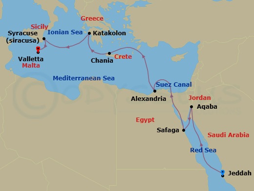 Route map: Jeddah → Aqaba → Safaga (Luxor) → Suez Canal Transit → Alexandria → Souda (Chania) → Katakolon → Siracusa (Sicily) → Valletta