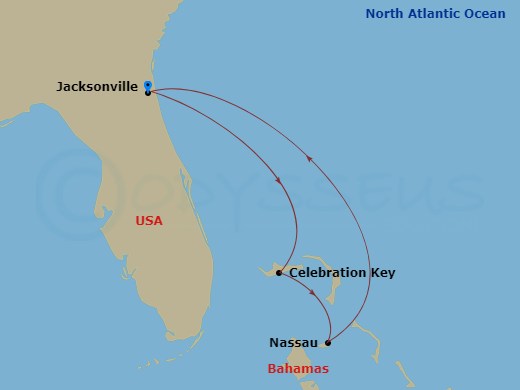 Route map: Jacksonville → Nassau → Celebration Key, The Bahamas → Jacksonville