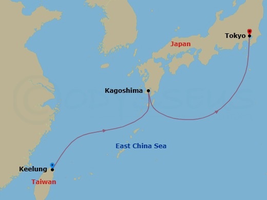 Route map: Keelung (Taipei) Taiwan (China) → Kagoshima Japan → Tokyo Japan