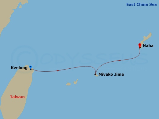 Route map: Keelung (Taipei) Taiwan (China) → Miyako Island Japan → Naha (Okinawa) Japan
