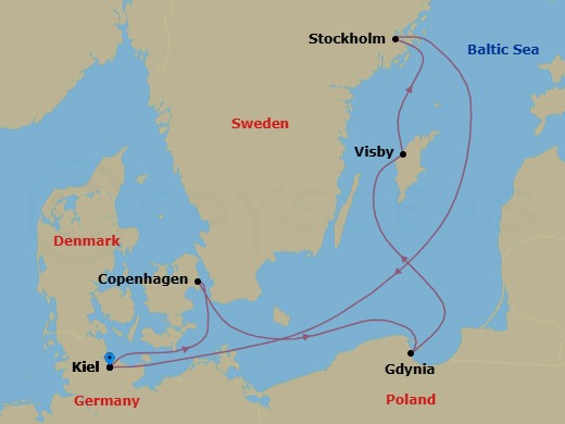 Route map: Kiel → Copenhagen → Gdynia (Gdansk) → Visby (Gotland) → Stockolm → Kiel