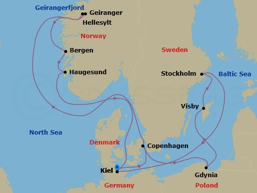 Route map: Kiel (Germany) → Copenhagen (Denmark) → Gdynia (Poland) → Visby | Gotland → Stockholm (Sweden) → Kiel (Germany) → Copenhagen (Denmark) → Hellesylt (Norway) → Geiranger Fjord → Geiranger (Norway)
