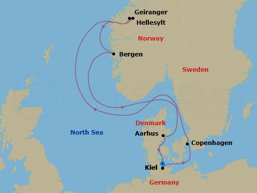 Route map: Kiel → Copenhagen → Hellesylt → Geiranger → Bergen → Aarhus → Kiel