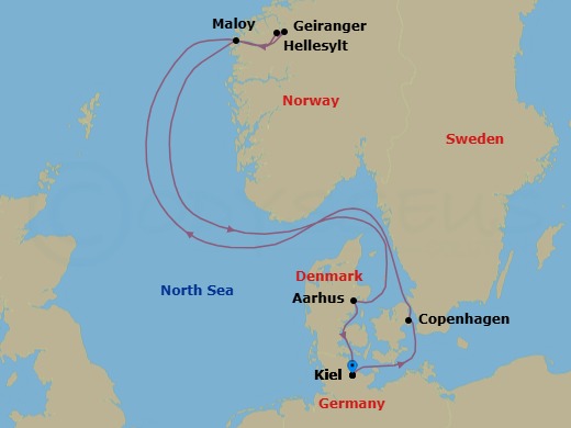 Route map: Kiel → Copenhagen → Hellesylt → Geiranger → Maloy → Aarhus → Kiel