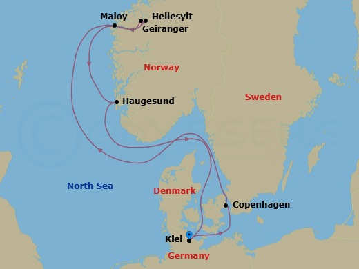 Route map: Kiel → Copenhagen → Hellesylt → Geiranger → Maloy → Haugesund → Kiel