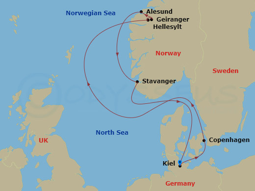 Route map: Kiel → Copenhagen → Hellesylt → Geiranger → Alesund → Stavanger → Kiel