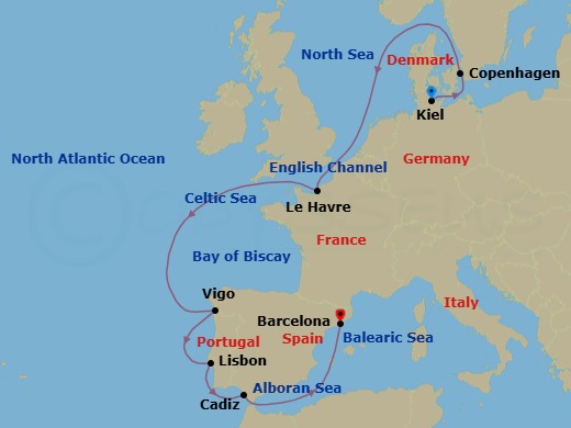 Route map: Kiel → Copenhagen → Le Havre → Vigo → Lisbon → Cadiz → Barcelona