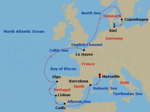 Route map: Kiel → Copenhagen → Le Havre → Vigo → Lisbon → Cadiz → Barcelona → Marseille
