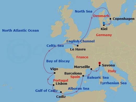 Route map: Kiel → Copenhagen → Le Havre → Vigo → Lisbon → Cadiz → Barcelona → Marseille → Savona