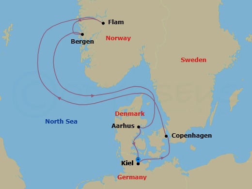 Route map: Kiel → Copenhagen → Flam → Bergen → Aarhus → Kiel