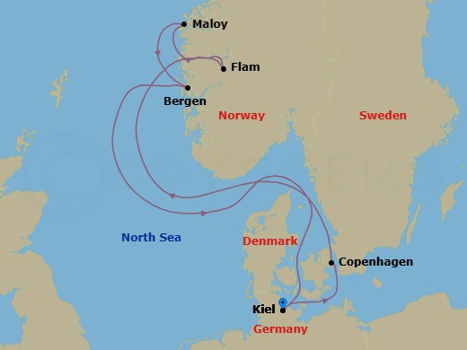 Route map: Kiel → Copenhagen → Flam → Maloy → Bergen → Kiel