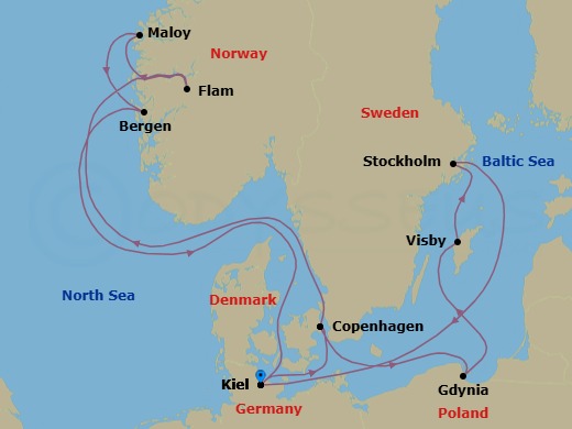Route map: Kiel → Copenhagen → Flam → Reikiavik Islandia → Bergen → Kiel → Copenhagen → Gdynia → Visby → Stockholm