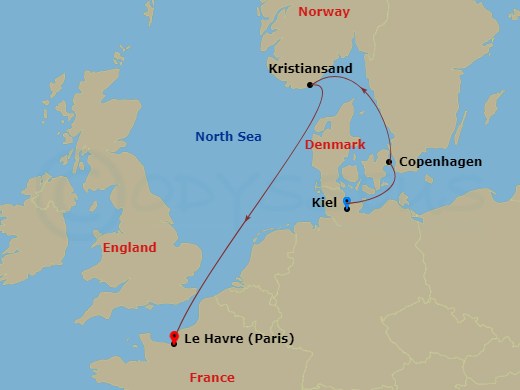 Route map: Kiel (Germany) → Copenhagen (Denmark) → Kristiansand (Norway) → Le Havre (France)