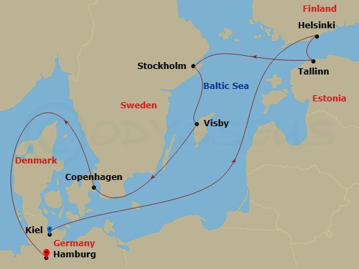 Route map: Kiel, Germany → Helsinki, Finland → Tallinn, Estonia → Stockholm, Sweden → Visby, Sweden → Copenhagen, Denmark → Hamburg, Germany