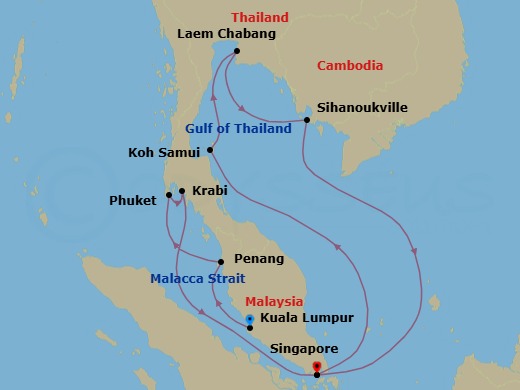 Route map: Port Kelang (For Kuala Lumpur) → Penang (Georgetown) → Phuket → Krabi → Singapore → Koh Samui → Bangkok/Laem Chabang → Sihanoukville → Singapore