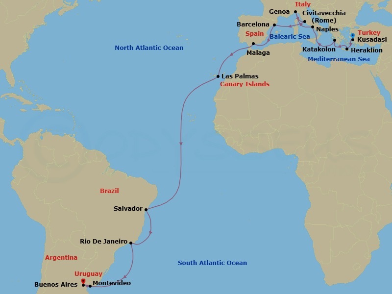 Route map: Kusadasi Turkey → Heraklion (Crete) Greece → Katakolon (Olympia) Greece → Naples (Pompeii) Italy → Genoa (Portofino) Italy → Civitavecchia (Rome) Italy → Barcelona Spain → Malaga (Granada) Spain → Las Palmas de GCanaria (Canary Is) Spain → Salvador Brazil