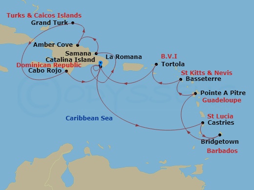 Route map: La Romana → Castries → BRIDGETOWN (BARBADOS) → Pointe-a-Pitre → Basseterre (Saint Kitts) → Road Habour (Tortola) → La Romana → Catalina Island → Arroyo Barril (Samana) → AMBER COVE (REPDOM)
