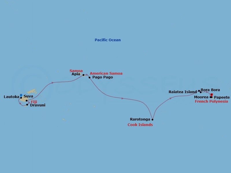 Route map: Lautoka → Dravuni → Suva → Apia → Pago Pago → Rarotonga → Bora Bora → Raiatea Island → Moorea → Papeete