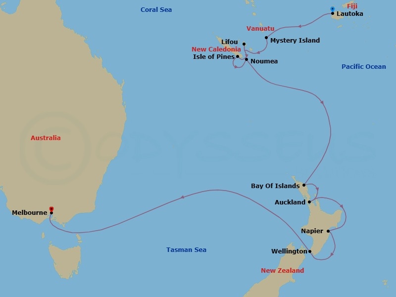 Route map: Lautoka → Mystery Island, Anelghowhat → Lifou → Noumea → Pine Island → Bay of Islands → Auckland → Napier → Wellington → Melbourne