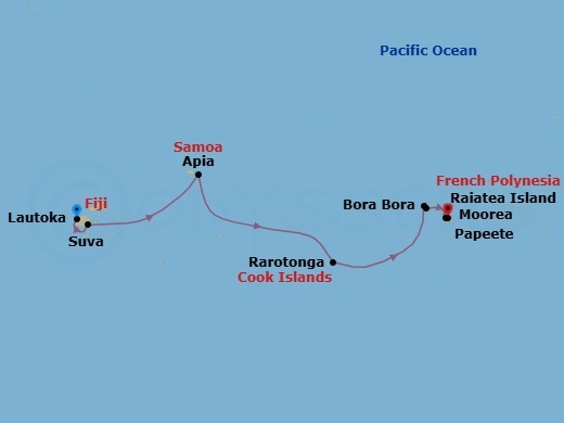 Route map: Lautoka, Fiji → Suva, Fiji → Apia, Samoa → Rarotonga, Cook Islands → Bora Bora, French Polynesia → Raiatea, French Polynesia → Moorea, French Polynesia → Papeete, French Polynesia