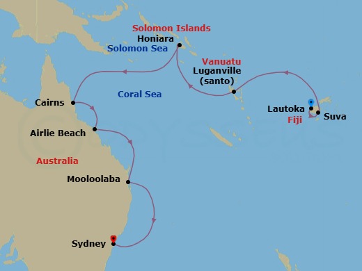Route map: Lautoka → Suva → Dunedin New Zealand → Honiara → Cairns → Airlie Beach → Mooloolaba → Sydney