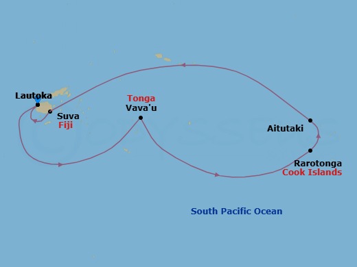 Route map: Lautoka → Vavau (Neiafu) → Crossing The International Date Line (E) → Rarotonga → Aitutaki → Crossing The International Date Line (W) → Suva → Lautoka