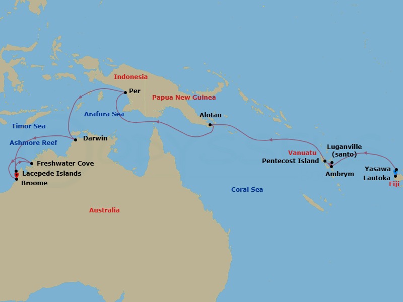 Route map: Lautoka, Fiji → Nabukeru, Yasawa Island, Fiji → Ambrym, Vanuatu → Pentecost Island, Vanuatu → Luganville, Espiritu Santo, Vanuatu → Alotau, Papua New Guinea → Per, Indonesia → Darwin, Australia → King George River, Western Australia, Australia → Vansittart Bay, Western Australia, Australia