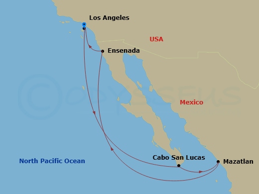 Route map: Los Angeles, California → Cabo San Lucas, Mexico → Mazatlan, Mexico → Ensenada, Mexico → Los Angeles, California