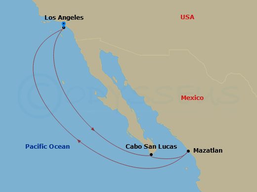 Route map: Los Angeles, California → Cabo San Lucas, Mexico → Mazatlan, Mexico → Los Angeles, California