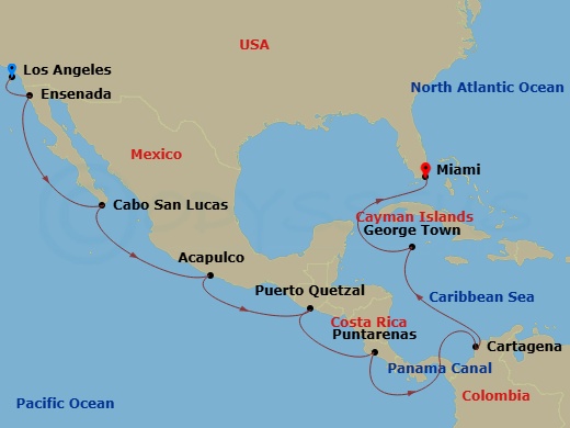Route map: Los Angeles → Ensenada → Cabo San Lucas → Acapulco → Puerto Quetzal → Puntarenas → Panama Canal Daylight Transit → Cartagena → George Town → Miami
