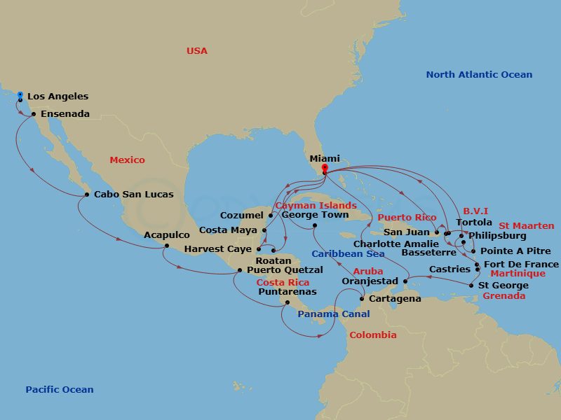 Route map: Los Angeles → Ensenada → Cabo San Lucas → Acapulco → Puerto Quetzal → Puntarenas → Panama Canal Daylight Transit → Cartagena → George Town → Miami