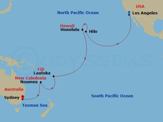 Route map: Los Angeles, CA, USA → Hilo, HI, USA → Honolulu, HI, USA → Cross International Date Line (Cruise-by) → Lautoka, Fiji → Noumea, New Caledonia → Sydney, NSW, Australia