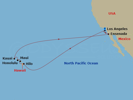Route map: Los Angeles, California → Hilo, Hawaii → Honolulu, Hawaii → Kahului, Hawaii → Kauai (Nawiliwili), Hawaii → Ensenada, Mexico → Los Angeles, California