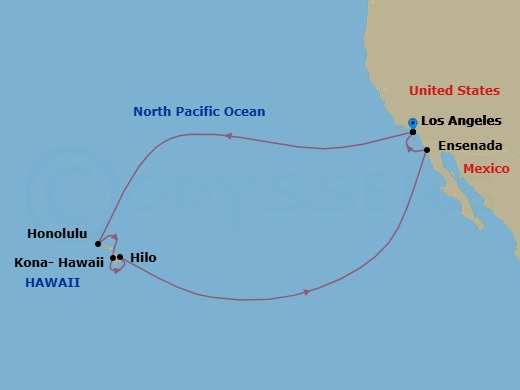 Route map: Los Angeles → Honolulu → Kona- Hawaii → Hilo → Ensenada → Los Angeles