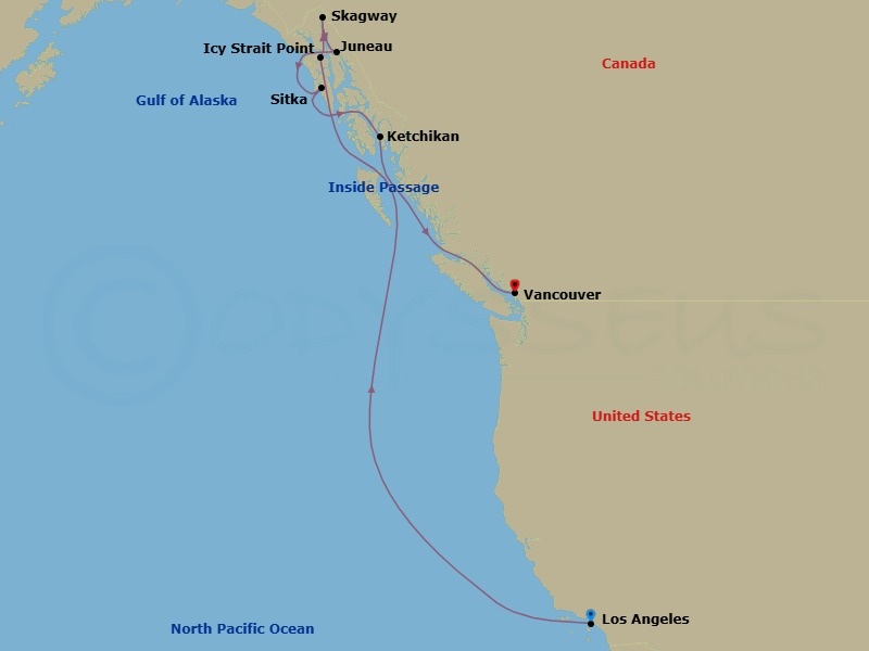 Route map: Los Angeles, California → Icy Strait Point, Alaska → Skagway, Alaska → Juneau, Alaska → Sitka, Alaska → Ketchikan, Alaska → Vancouver, British Columbia